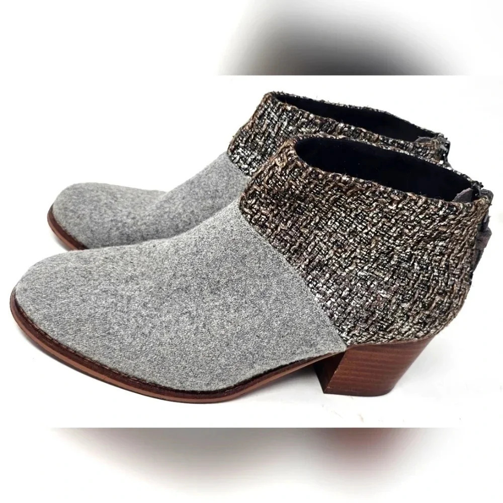 Tom’s Leila Back Zip Felt Wool Ankle Boots Booties Stacked Heel Gray Size 6.5